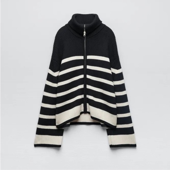 NWT ZARA Zip Up Cardigan Blue/White Striped Size Small - Picture 1 of 3